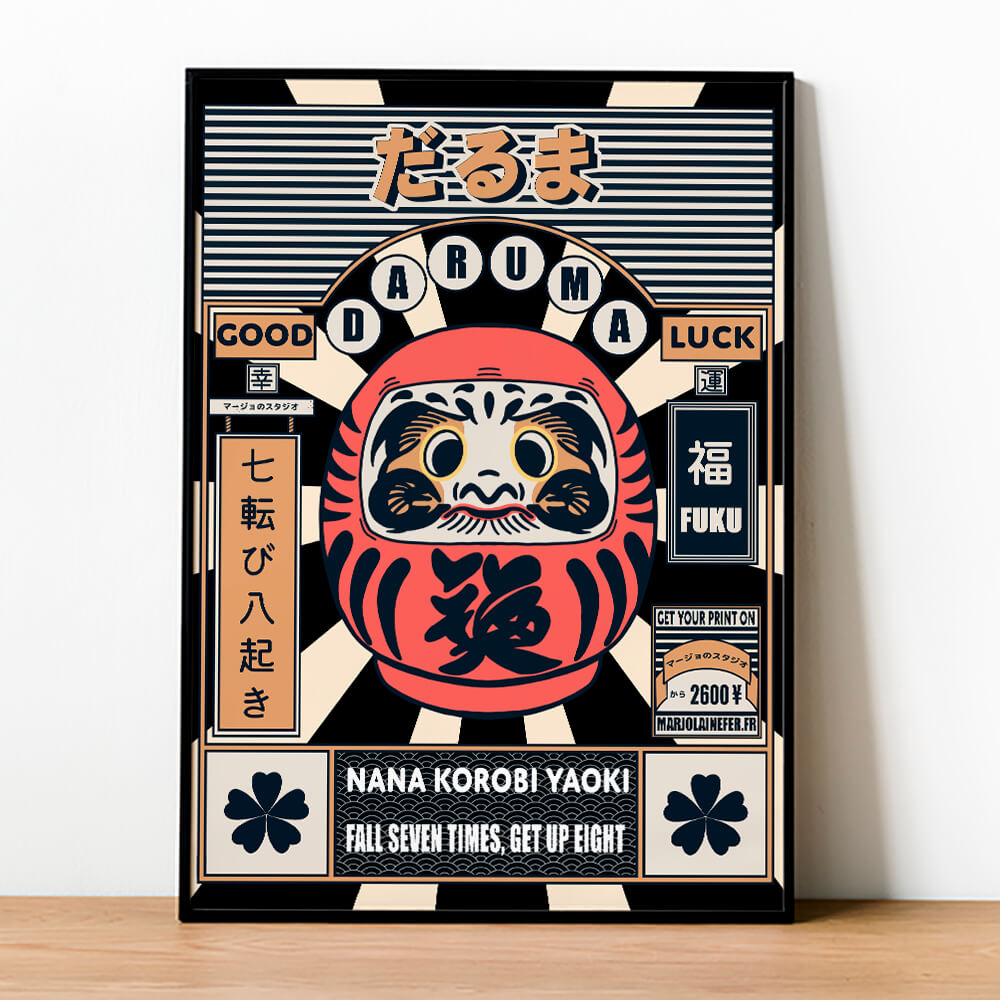 zoom sur l'affiche daruma dans un cadre noir