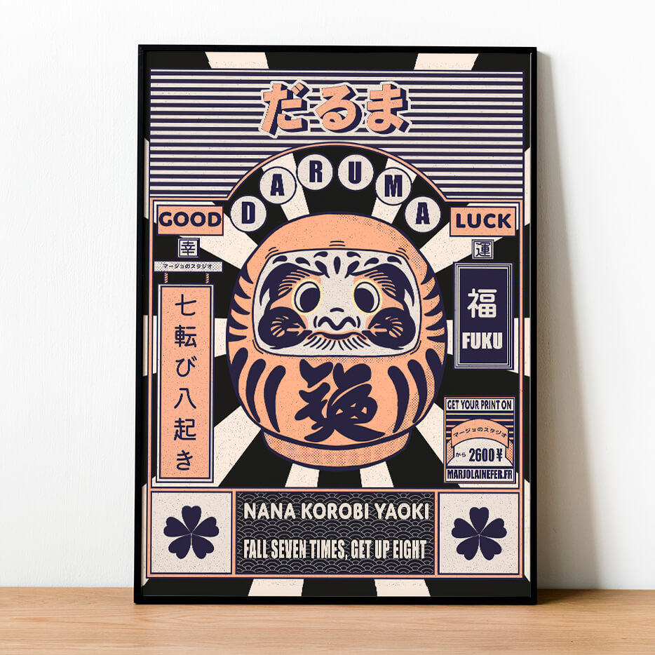 zoom sur l'illustration daruma de couleur pastel dans un cadre noir