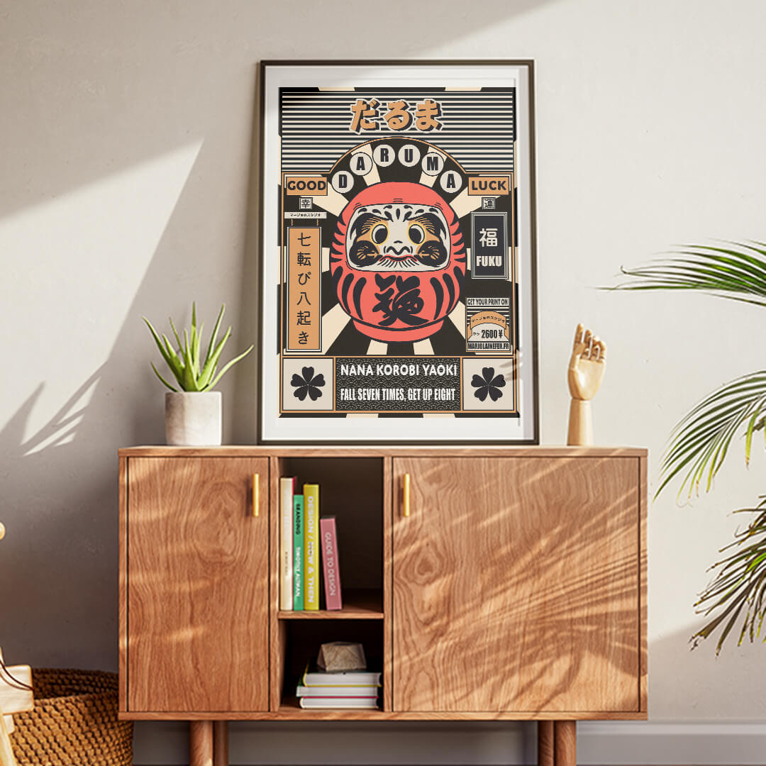 illustration daruma couleur pastel sur une commode