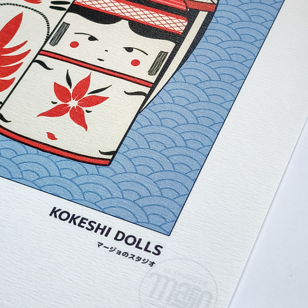 Détail impression papier Rives 170g affiche artisanale kokeshi modernes.