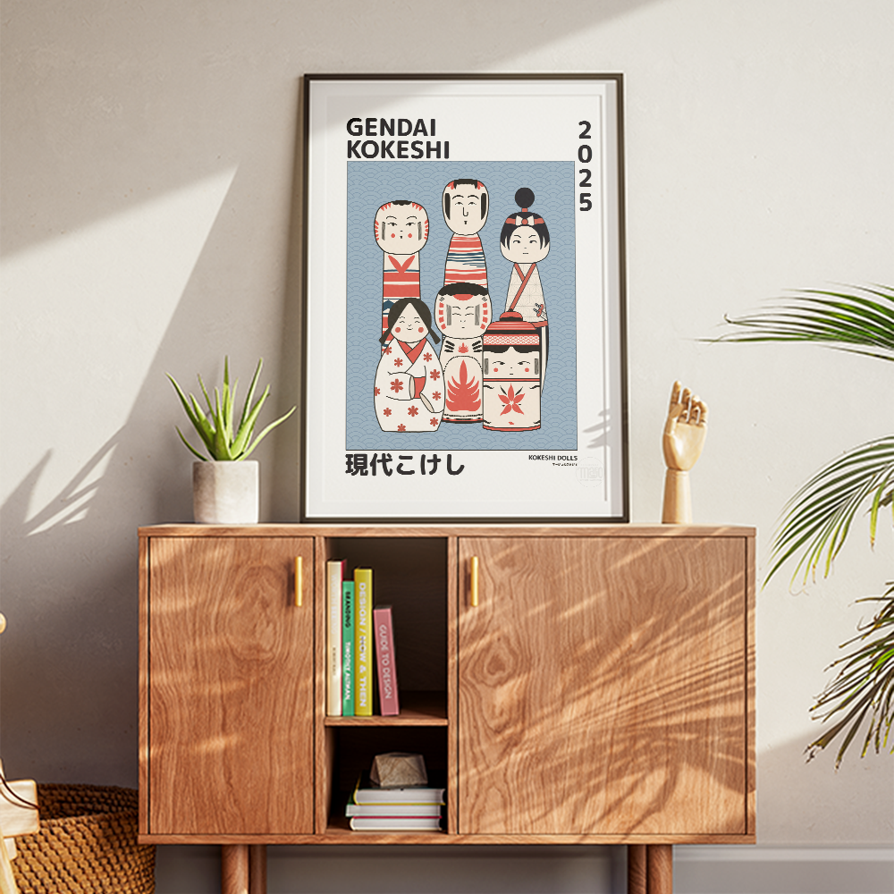 Affiche kokeshi moderne dans un cadre sur une commode