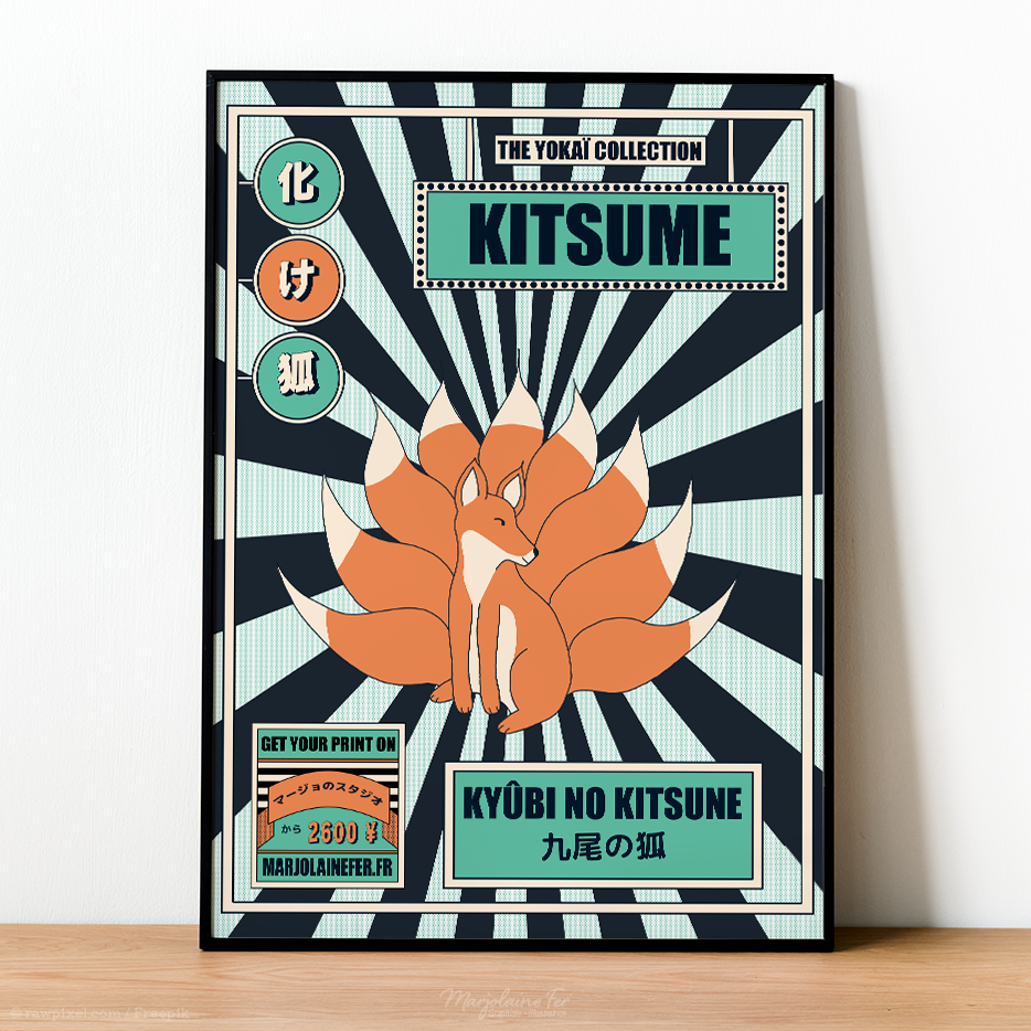 affiche Kitsune le renard à 9 queues dans un cadre