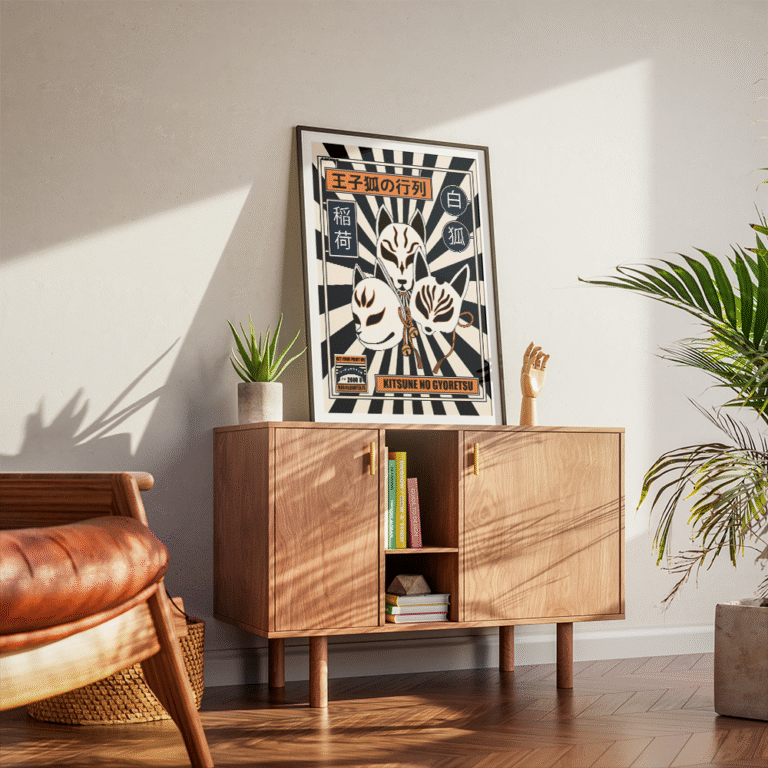 illustration parade de kitsune bleu et orange dans un cadre sur unes commode avec une prise de vue 3/4