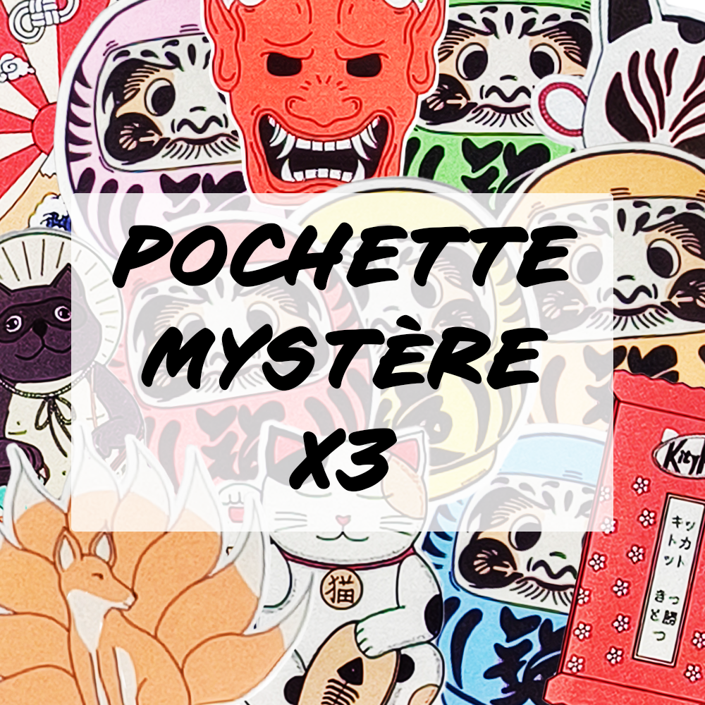 Pochette Mystère de Stickers Japon - Porte-bonheurs et Yōkai Kawaii en vinyle premium, assortiment surprise de 3 stickers.